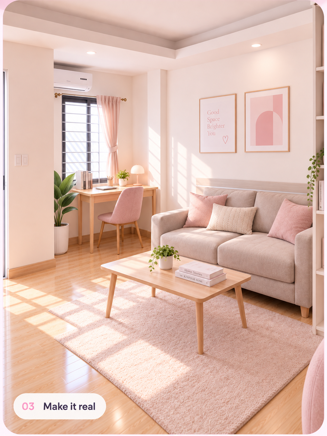 Finished room transformed into a bright living and study space
